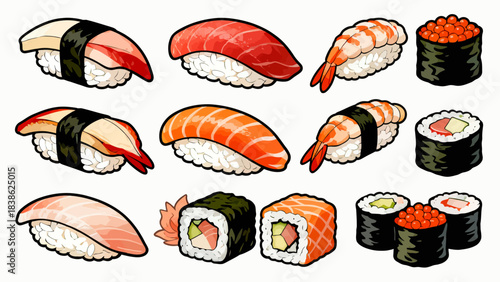 This vibrant illustration displays a variety of Japanese sushi (including nigiri, maki rolls, and tobiko-topped pieces) arranged neatly, featuring fresh ingredients like salmon, avocado