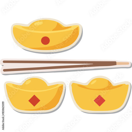 Golden Chinese Ingots and Chopsticks Arrangement for Wealth and Prosperity Celebration