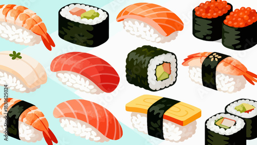 This vibrant illustration displays a variety of Japanese sushi (including nigiri, maki rolls, and tobiko-topped pieces) arranged neatly, featuring fresh ingredients like salmon, avocado