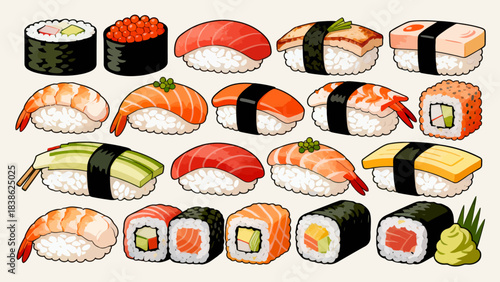 This vibrant illustration displays a variety of Japanese sushi (including nigiri, maki rolls, and tobiko-topped pieces) arranged neatly, featuring fresh ingredients like salmon, avocado