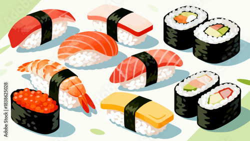 This vibrant illustration displays a variety of Japanese sushi (including nigiri, maki rolls, and tobiko-topped pieces) arranged neatly, featuring fresh ingredients like salmon, avocado