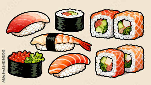 This vibrant illustration displays a variety of Japanese sushi (including nigiri, maki rolls, and tobiko-topped pieces) arranged neatly, featuring fresh ingredients like salmon, avocado
