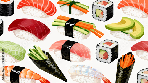 This vibrant illustration displays a variety of Japanese sushi (including nigiri, maki rolls, and tobiko-topped pieces) arranged neatly, featuring fresh ingredients like salmon, avocado