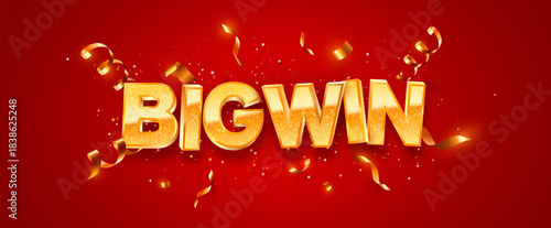 Big Win Golden Glitter Text. Golden Jackpot Celebrations With Sparkling Confetti On Bright Red Background For Jackpot Concepts. Casino Victory Elements. Vector Illustration