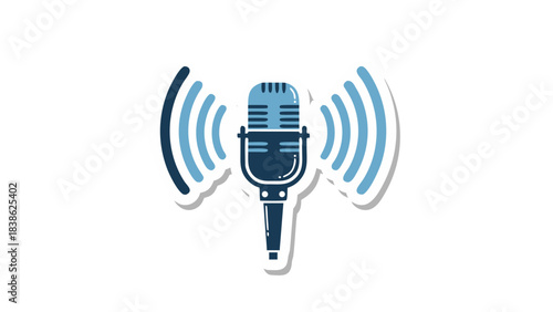 Retro Microphone Icon Emitting Blue Sound Waves On A Black Background With White Border Indicating Broadcast Or Recording Symbol