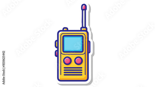 Retro Yellow Walkie Talkie Communication Device with Blue Screen and Antenna on Black Background Stylized Illustration