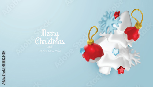 Happy New Year and Merry Christmas. Christmas holiday background with realistic 3d objects, bauble balls, conical metal stars. Levitation falling design composition.