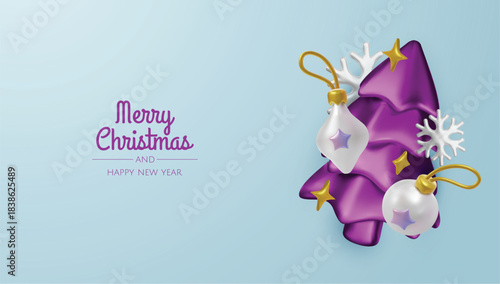 Happy New Year and Merry Christmas. Christmas holiday background with realistic 3d objects, bauble balls, conical metal stars. Levitation falling design composition.