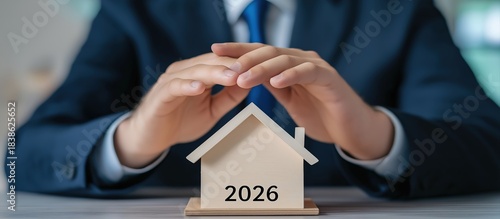 Fototapeta Naklejka Na Ścianę i Meble -  Businessman's hands covering a miniature house with 2026 written on it, symbolizing future home protection and real estate investment