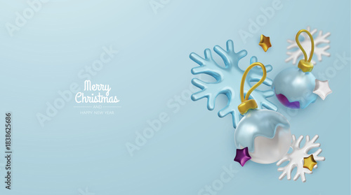 Happy New Year and Merry Christmas. Christmas holiday background with realistic 3d objects, bauble balls, conical metal stars. Levitation falling design composition.