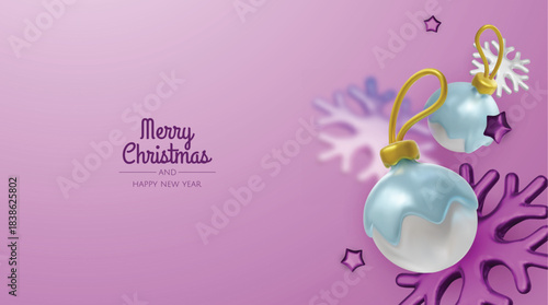 Happy New Year and Merry Christmas. Christmas holiday background with realistic 3d objects, bauble balls, conical metal stars. Levitation falling design composition.
