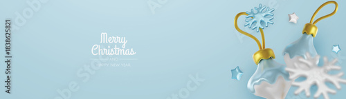 Happy New Year and Merry Christmas. Christmas holiday background with realistic 3d objects, bauble balls, conical metal stars. Levitation falling design composition.