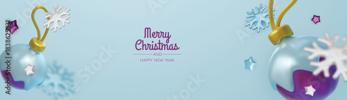Elegant 3D render of red dipped baubles and golden stars, creating a playful Christmas mood with generous copy space for text
