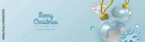 Elegant 3D render of red dipped baubles and golden stars, creating a playful Christmas mood with generous copy space for text