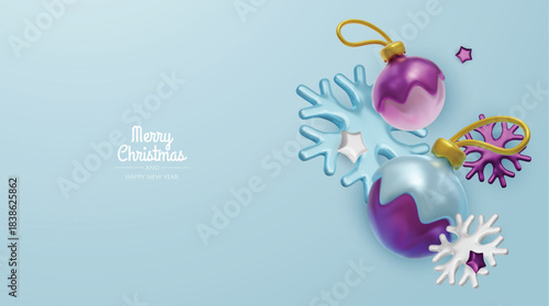 Happy New Year and Merry Christmas. Christmas holiday background with realistic 3d objects, bauble balls, conical metal stars. Levitation falling design composition.