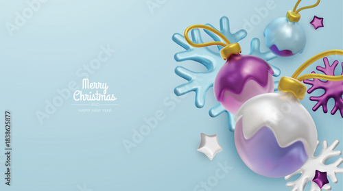 Happy New Year and Merry Christmas. Christmas holiday background with realistic 3d objects, bauble balls, conical metal stars. Levitation falling design composition.