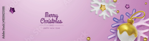 Happy New Year and Merry Christmas. Christmas holiday background with realistic 3d objects, bauble balls, conical metal stars. Levitation falling design composition.