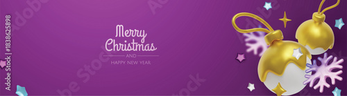 Happy New Year and Merry Christmas. Christmas holiday background with realistic 3d objects, bauble balls, conical metal stars. Levitation falling design composition.