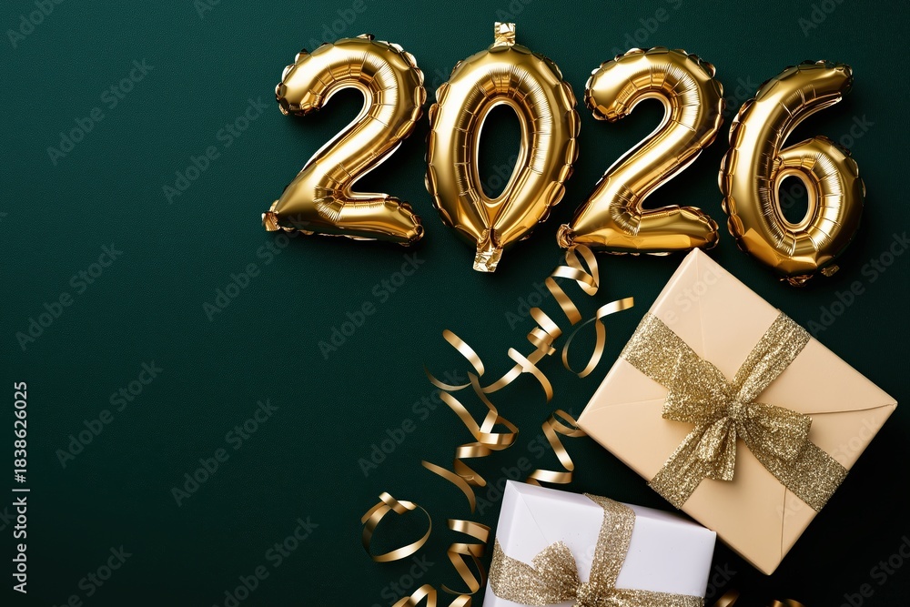 Fototapeta premium Celebrating the upcoming 2026 new year with shiny golden balloons, wrapped gift boxes, and festive ribbon on a dark green background