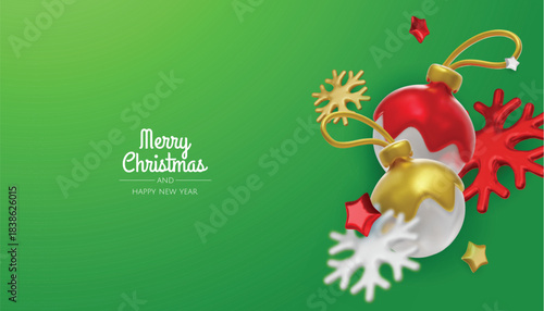 Happy New Year and Merry Christmas. Christmas holiday background with realistic 3d objects, bauble balls, conical metal stars. Levitation falling design composition.