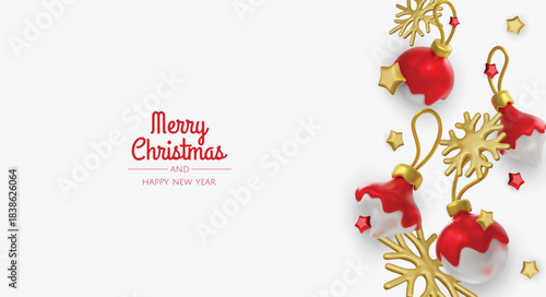 Happy New Year and Merry Christmas. Christmas holiday background with realistic 3d objects, bauble balls, conical metal stars. Levitation falling design composition.
