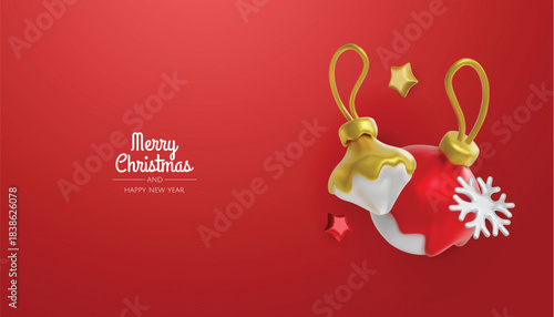 Happy New Year and Merry Christmas. Christmas holiday background with realistic 3d objects, bauble balls, conical metal stars. Levitation falling design composition.
