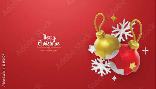 Elegant 3D render of red dipped baubles and golden stars, creating a playful Christmas mood with generous copy space for text
