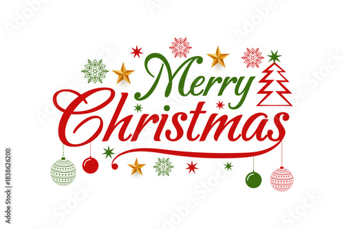 Merry Christmas lettering text illustration with star, snow, tree and bauble. Christmas greetings calligraphy. 