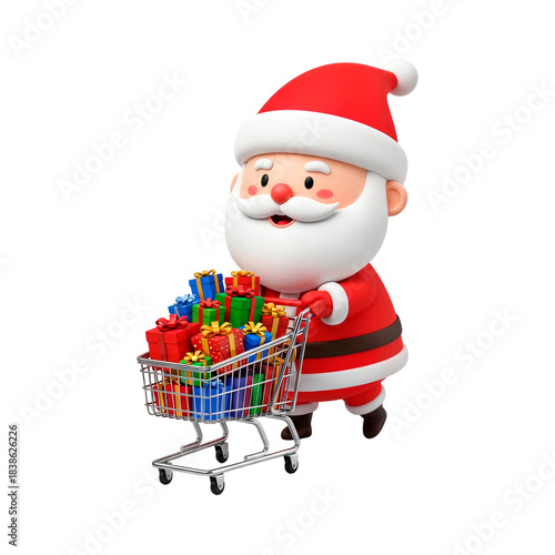 Santa Claus pushing a shopping cart full of gifts