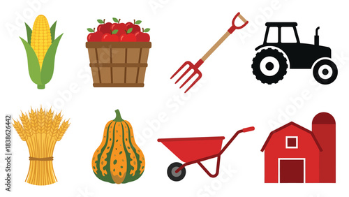 Vibrant Farm Harvest Collection Fresh Produce Equipment and Barn Icons for Agriculture and Seasonal Themes