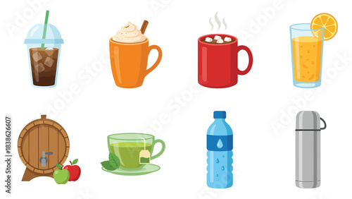 Collection of Refreshing and Warm Beverages Seasonal Drinks and Storage Containers