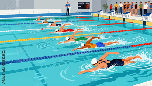 This illustration depicts a competitive swimming race in an indoor stadium pool, with athletes stroking through lane-divided water, spectators cheering in the stands, officials overseeing the event