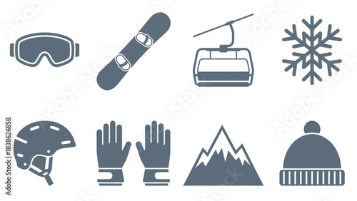 Winter Sport Icons Collection Snowboarding Skiing and Mountain Adventure Gear Set