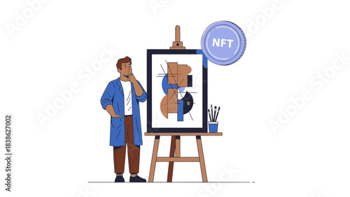 Creative artist looking at abstract NFT painting on easel digital art concept