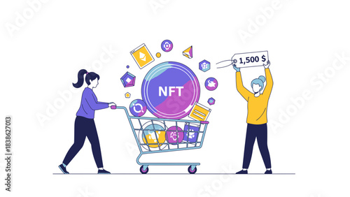 People buying and selling NFT digital assets in a shopping cart with a price tag for non-fungible tokens