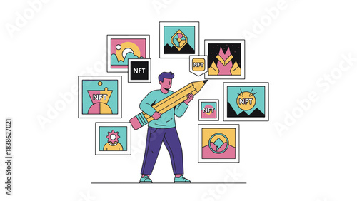 Digital artist creating NFT crypto art with pencil and diverse digital artworks