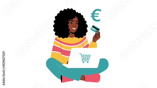 Happy African American woman shopping online with credit card laptop and euro currency symbol