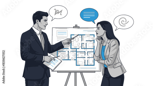 Real estate agent showing floor plan to client and discussing property layout illustration