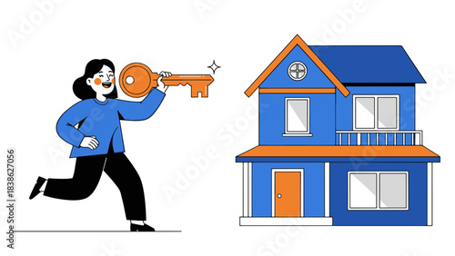 Happy person holding a large golden key running towards a new blue house - concept of home ownership and real estate