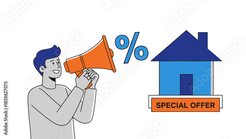 Special house offer announcement with megaphone and percentage symbol for real estate promotion