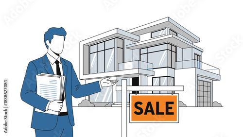 Real estate agent presenting modern house for sale with property sign illustration