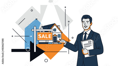 Real estate agent showing house for sale and holding documents