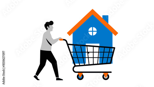 Man pushing shopping cart with house icon symbolizing home purchase and real estate investment