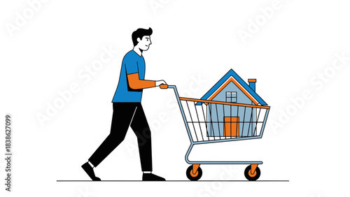 Man pushing shopping cart with a house inside - real estate purchase and home buying concept