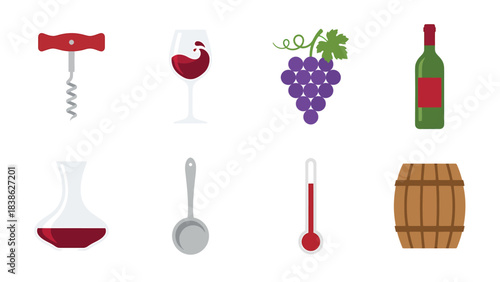 Elegant Wine Set Collection Corkscrew Glass Grapes Bottle Decanter Sampler Thermometer Barrel Vector Icons