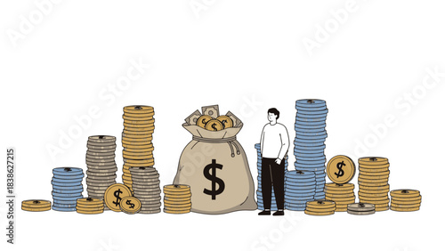 Financial Growth Concept - Man with Money Bag and Coin Stacks