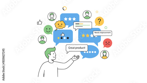 Customer feedback product review concept user satisfaction ratings and speech bubbles