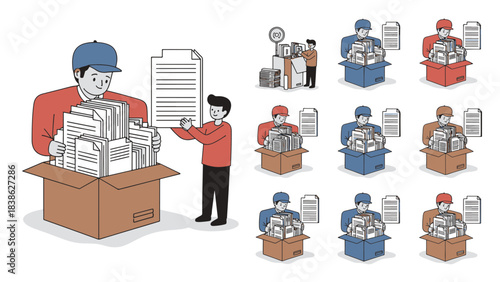 Document management archiving and disposal process illustration set with people organizing paperwork in boxes