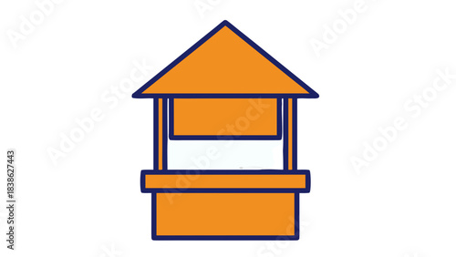 Simple Orange And Blue Booth Structure With Open Window Against A Black Background A Graphic Representation Of A Market Stall or Information Kiosk