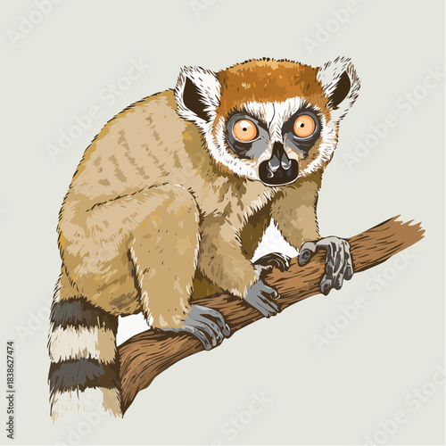 Vector illustration of a ring-tailed lemur sitting on a tree branch, featuring detailed fur texture and expressive eyes, isolated on a light neutral background.